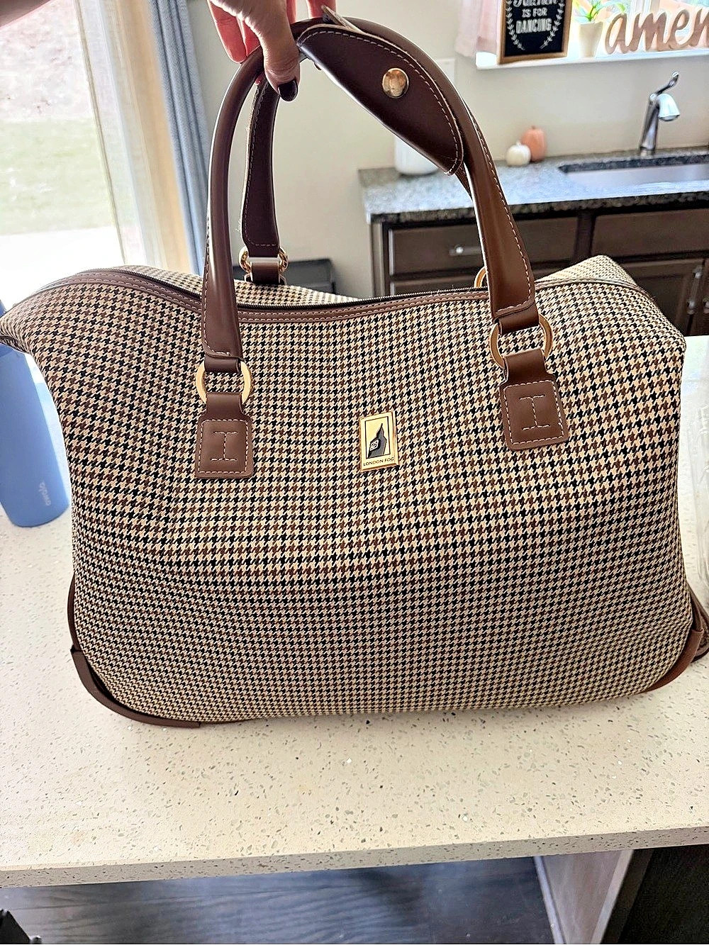 London Fog Cambridge Houndstooth Rolling Duffle Luggage Brown & Cream